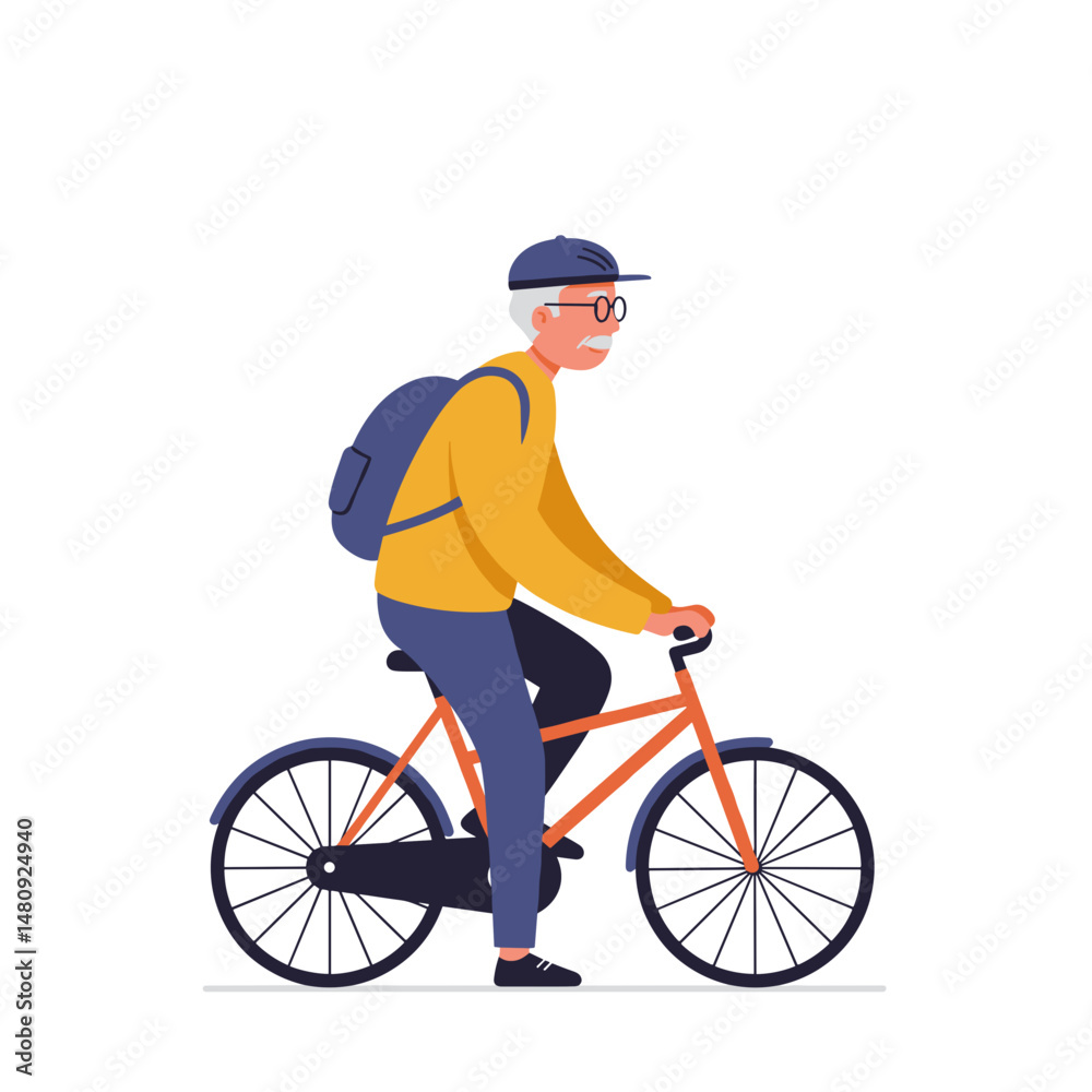 Naklejka premium Elderly man riding bicycle with backpack while wearing a cap 