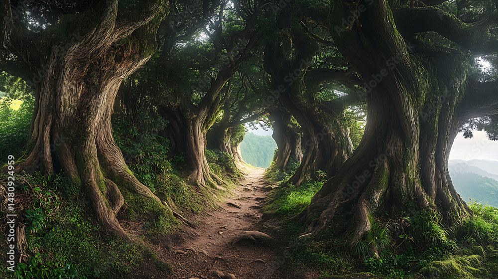 Obraz premium Ancient cedar trees lining the mystical trails of Kumano Kodo pilgrim route 