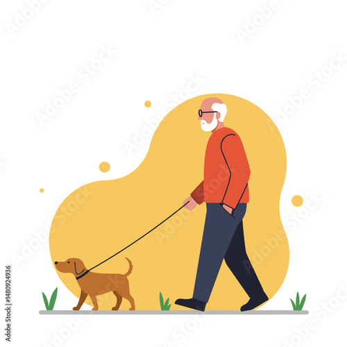 Elderly man walking brown dog on leash against yellow background  