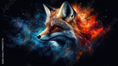 Mystical fox portrait, vibrant colors, cosmic background