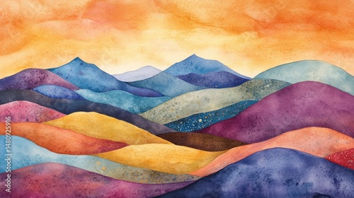 Watercolor sunset mountain landscape painting abstract hills artistic nature scene