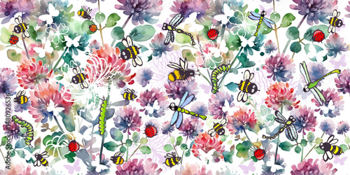 Seamless watercolor pattern with colorful wildflowers. Clover Watercolor Flower with Butterflies , bees and dragonflies. hand drawn. Not AI, Vector illustration.