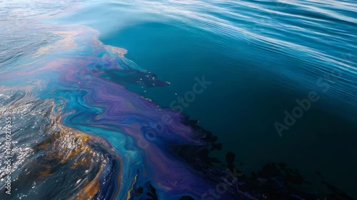 This image illustrates a striking oil spill with vibrant colors blending into calm ocean waters, highlighting the impact of pollution on marine environments.