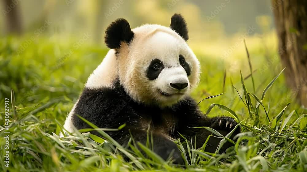 Close Up Panda Eating Bamboo in Grassy Field Surrounded by Trees Close Up Panda Eating Bamboo in Grassy Field Surrounded by Trees