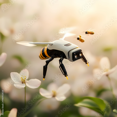 Wallpaper Mural A robotic bee drone hovers near flowers alongside real bees in a bright, natural garden setting. Torontodigital.ca
