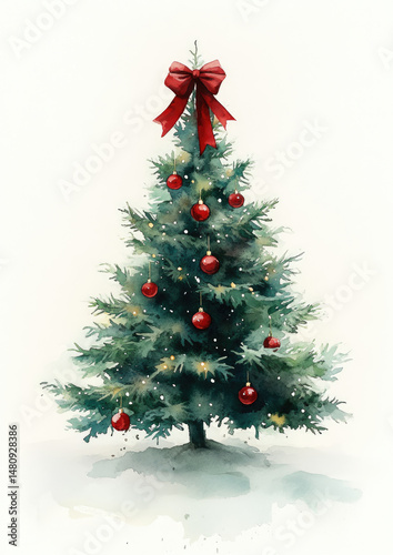 Watercolor illustration of a decorated Christmas tree with a red bow