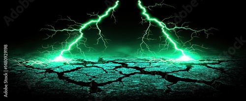 Two vibrant green lightning bolts strike cracked, dark ground, creating a dramatic, intense scene