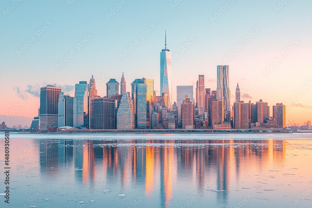 Naklejka premium A stunning cityscape at sunrise, reflected in calm, icy water. Golden hour light bathes the skyscrapers