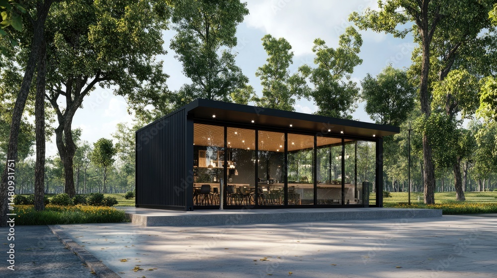 Obraz premium A modern. sleek glass-walled building set in a lush green park. showcasing a spacious interior with wooden accents. perfect for gatherings or events