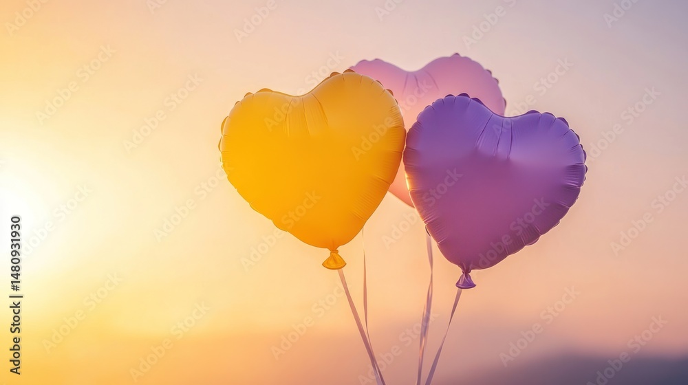 Fototapeta premium Heart balloons sunset romantic celebration image soft lighting colorful design