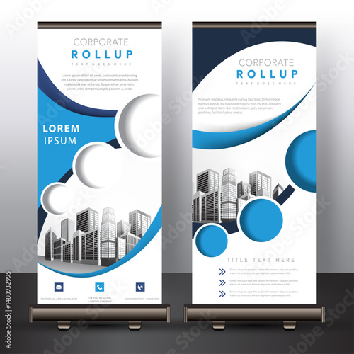 Roll up banner stand template design, blue banner layout, advertisement, pull up, polygon background, vector illustration, business flyer, display, x-banner, flag-banner,