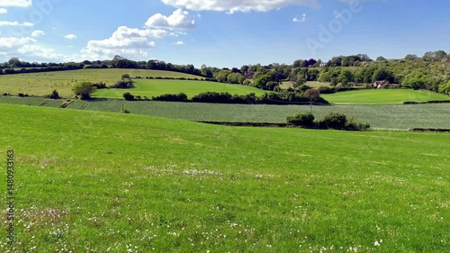 4K Aerial Drone Footage of Andrew’s Woods and Vibrant Summer Green Fields in Badgers Mount, Sevenoaks, UK – Bright Countryside Landscape