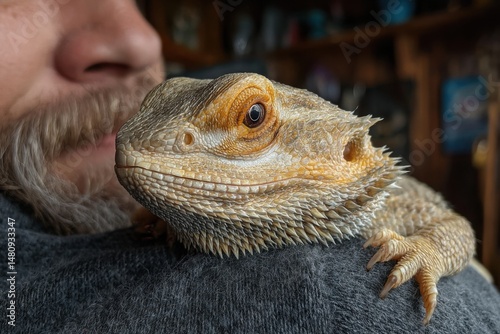 Bearded dragon resting comfortably on a person's shoulder showing textured scales and reptile pet companionship photo