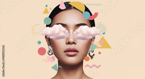 Woman's face with cloud-covered eyes and geometric shapes, pop art style  