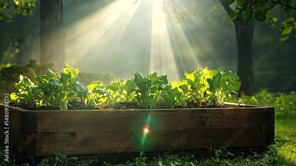 Wooden planter box with young plants in morning sunlight.