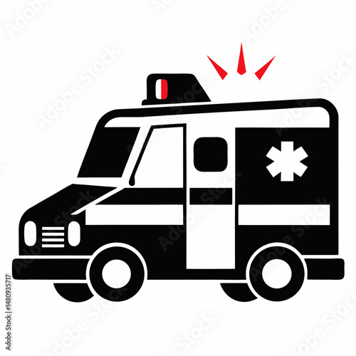 A black and white illustration of an ambulance with flashing lights.
