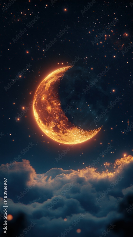 Fototapeta premium Fiery crescent moon over night clouds