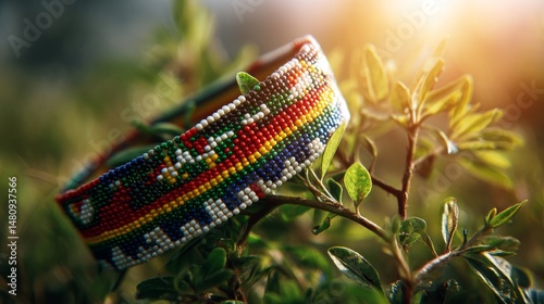 South African Youth Day close-up of a beaded bracelet with rainbow colors resting on tree foliage.