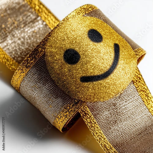 Radiant gold metallic ribbon element with pleading emoji face on plain bright white background no shadows