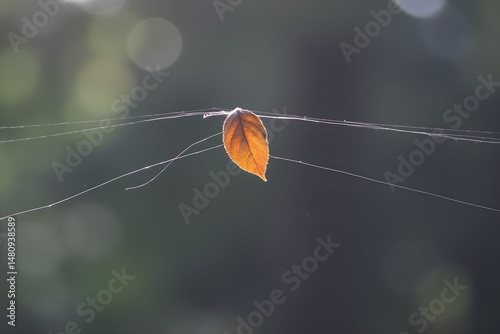 Delicate orange leaf hanging on spider silk in soft daylight  