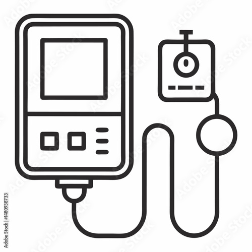 A line drawing depicts a blood pressure monitor with a digital display and a connected cuff with a gauge.