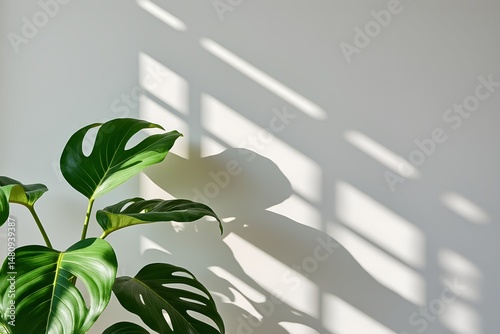 Monstera plant casting shadow on wall with sunlight patterns  