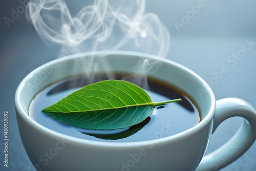 Steaming cup of coffee with green leaf on top against blue background  