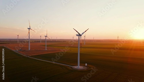 Wind Farm at Sunset: A majestic view of a wind farm bathed in the warm glow of the setting sun, showcasing a harmonious blend of renewable energy and breathtaking landscapes. 