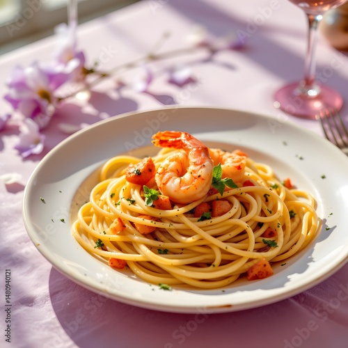 a photo of a plate of creamy seafood pasta spaghetti with shrimp, bathed in a panoramic, sunny golden shine, positioned at the bottom of the frame, leaving abundant copy space above photo