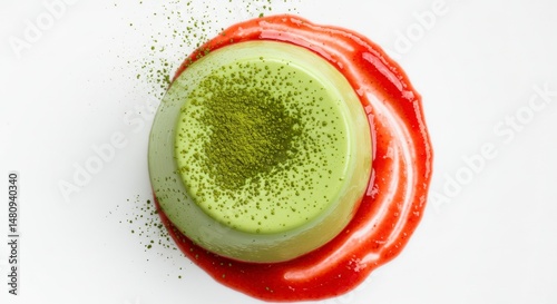 Artistic Matcha Dessert With Red Berry Sauce On White Plate High Angle View