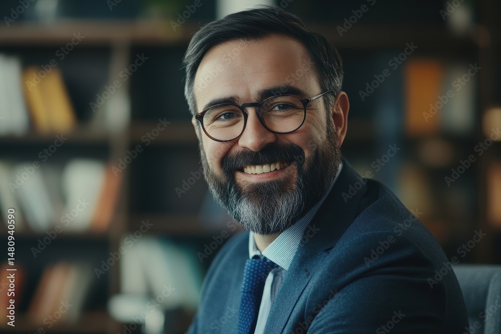 Fototapeta premium Joyful Male Lawyer in Modern Office Setting - Close-Up Portrait with Grey Accents