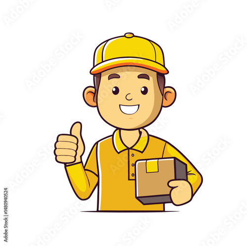 A happy delivery person gives a thumbs-up while holding a package.