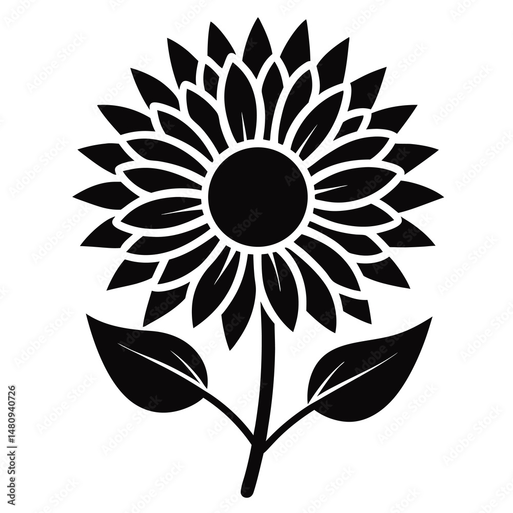 A black and white illustration of a sunflower.