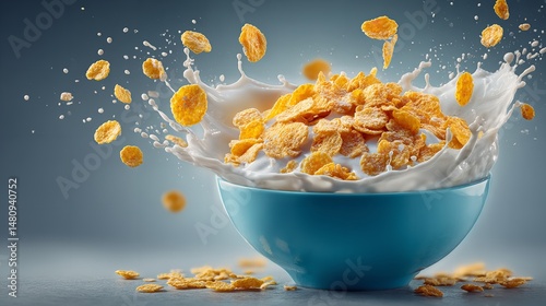 Blue Bowl of Cornflakes Suspended in Air with Milk Splashing, Realistic Style