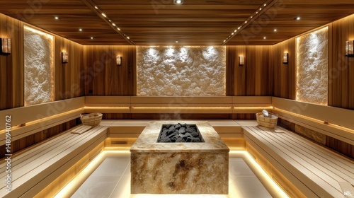 Luxurious wooden sauna with stone accents and warm lighting