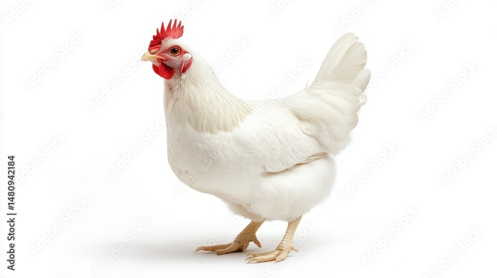 Fototapeta premium Close-up of a vibrant Rhode Island Red hen standing alert and facing forward on a white background, studio shot.