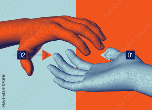Hands reaching towards each other. Concept of human relation, togetherness or  partnership. 3D vector illustration. Can be used for advertising, marketing or presentation.