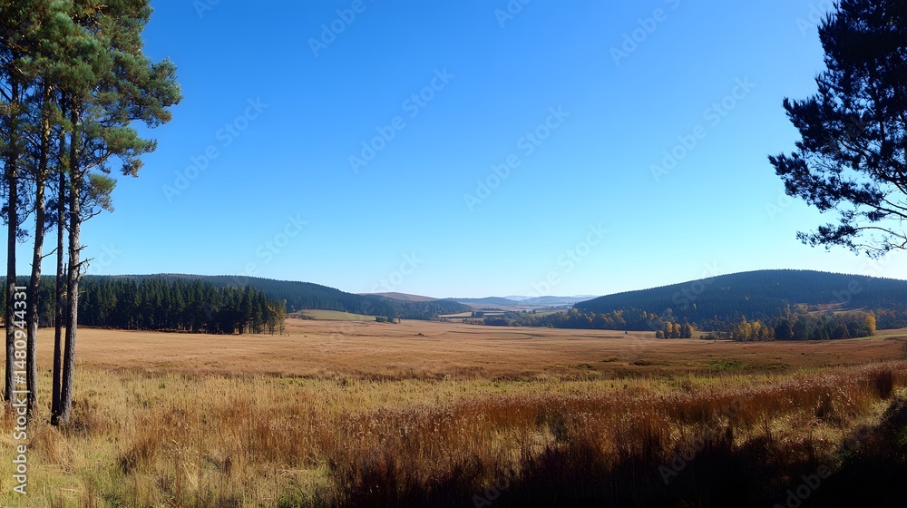 Obraz premium Serene Autumn Landscape Panoramic View Golden Fields and Pine Trees