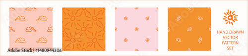 Vibrant fall cloud sunshine seamless nursery pattern set. Naive illustration of summer sky in hand drawn playful style for childrens nursery backdrops, wallpaper. 