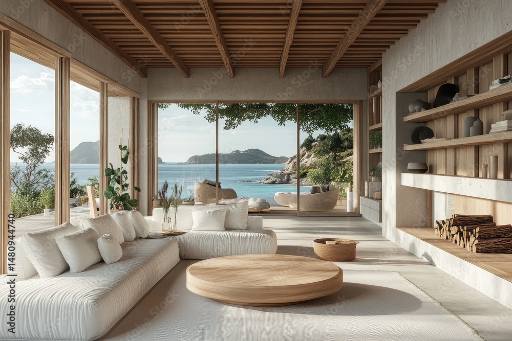 Obraz premium Expansive modern living room with large windows showcasing a scenic lake view. featuring cozy furnishings. natural light. and a serene atmosphere perfect for relaxation