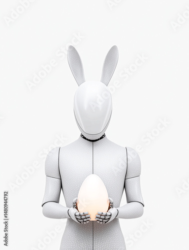 Futuristic humanoid robot with bunny ears holding glowing egg on white minimal background. Easter celebration concept.