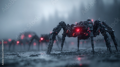 Mechanical spider robots with glowing red lights crawling through misty landscape.