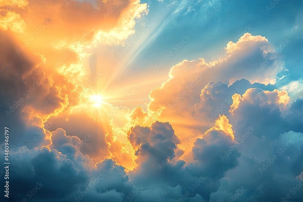 Fototapeta premium A breathtaking view of dramatic clouds illuminated by the golden rays of the sun breaking through. creating a stunning sky scene perfect for nature photography