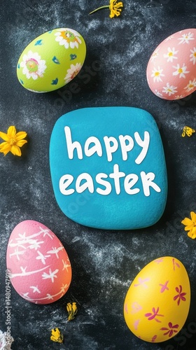 Colorful Easter Eggs Scattered on a Rustic Wooden Surface, Spring Holiday Celebration, Pastel Colors, Festive Decoration.