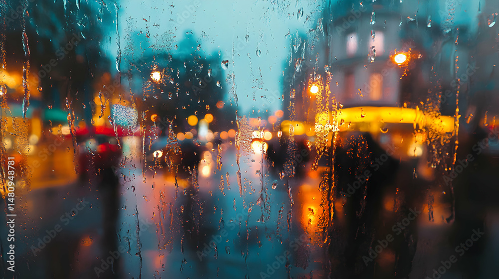 Fototapeta premium Urban melancholy: Rain streaks across a window, blurring city lights