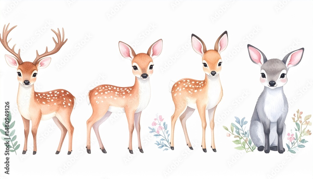 Fototapeta premium Woodland Animals in Soft Watercolor – Fox, deer, rabbit—adorable and bestsellers for nursery art