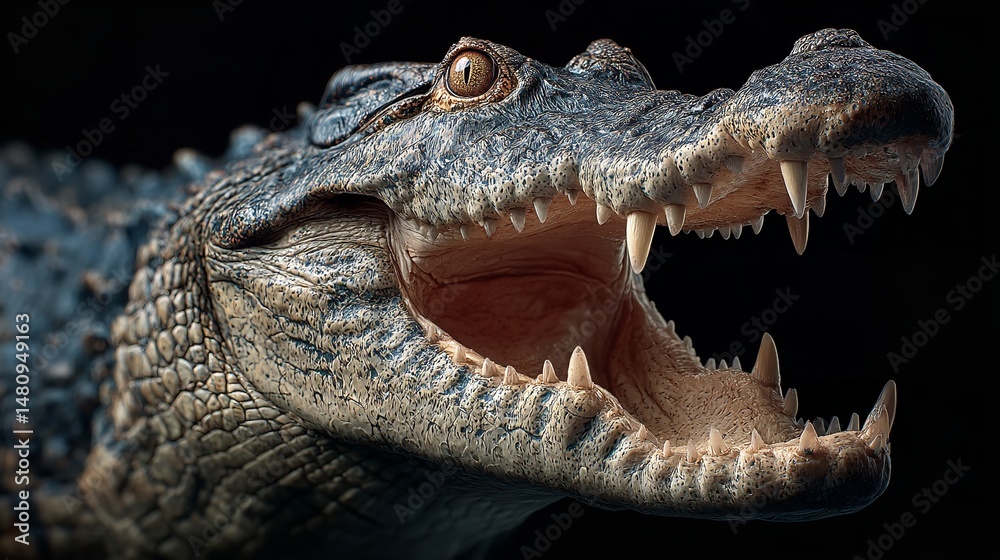 Obraz premium Close-Up of Crocodile Head with Open Mouth and Sharp Teeth on Black Background