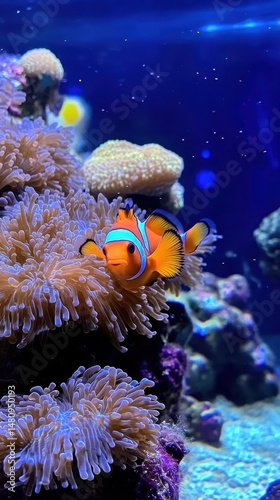 Vibrant Coral Reef Ecosystem: Colorful Fish Swim Amongst Lush Coral and Marine Plants in a Tropical Underwater Scene.
