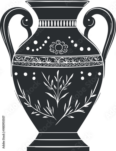 Black and white illustration of an ancient decorative amphora vase with floral patterns and handles
