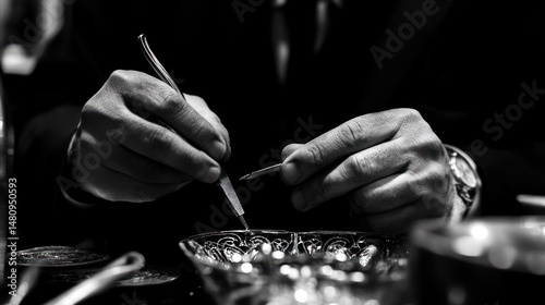 Closeup hands working intricate glass object using precision tools black and white photography